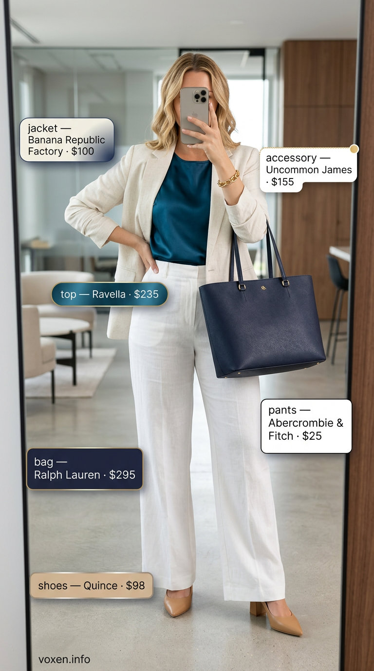 Summer office outfits for women 2026: Ivory trousers, navy blazer, camel top, and tan pumps.