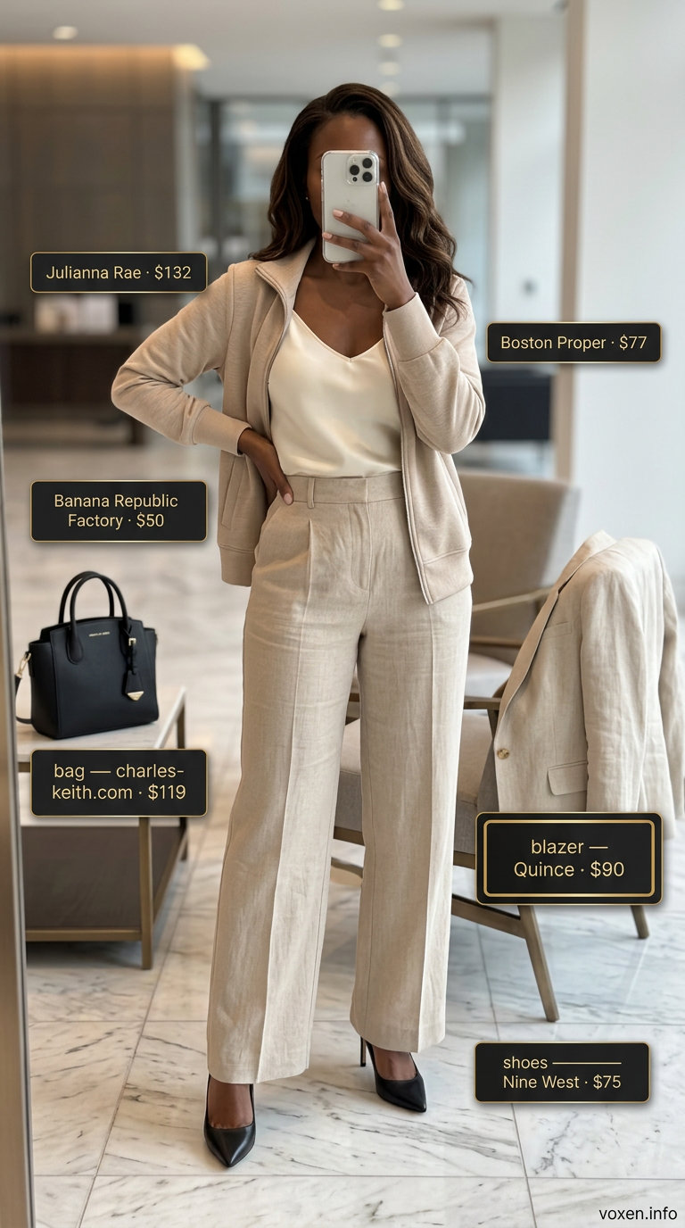 Camel linen wide-leg trousers and ivory camisole for summer office outfits for women 2026. Modern power suit.