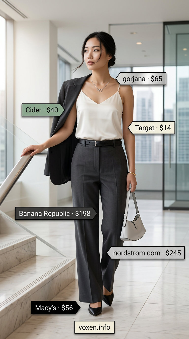 Charcoal grey trousers and ivory silk top for summer office outfits for women 2026. Elegant business attire.