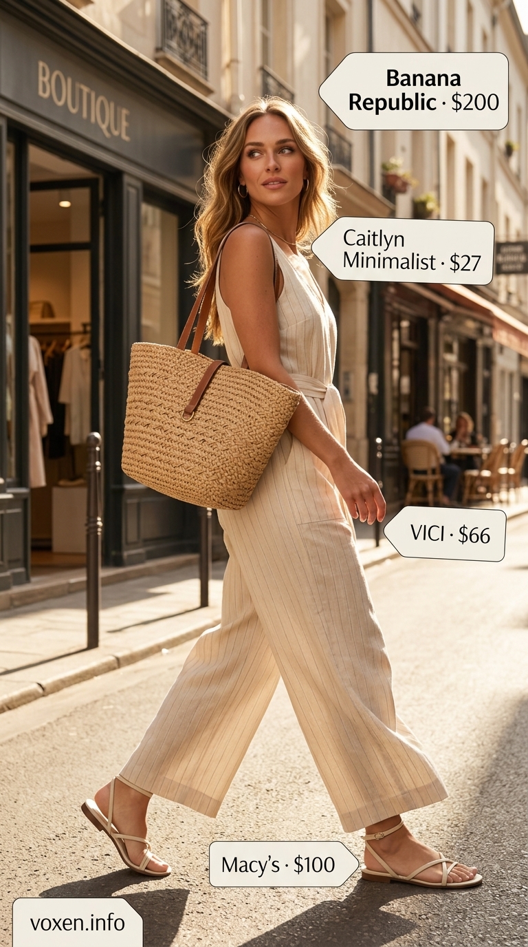 Summer old money outfit for women 2026: Soft beige linen jumpsuit, gold earrings, cream sandals. Elegant and effortless.