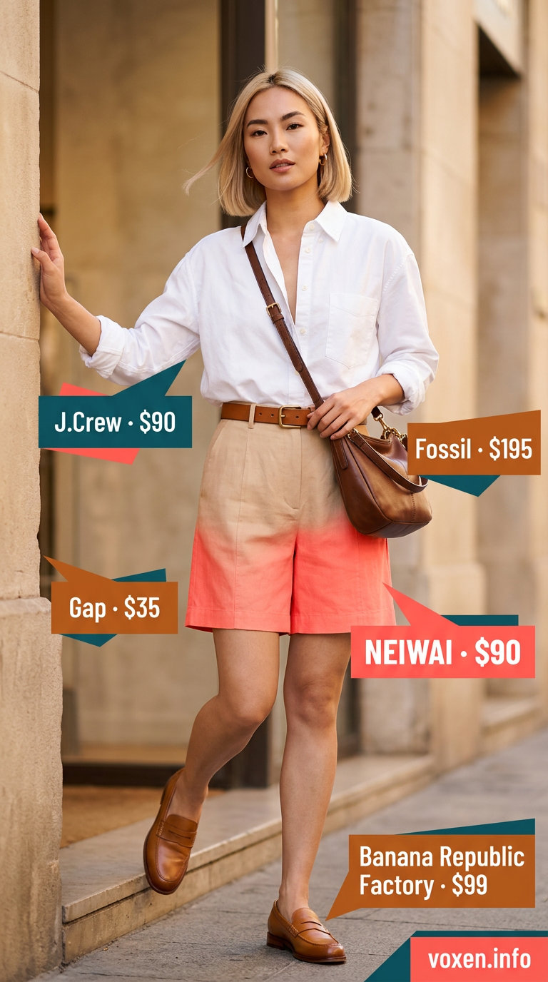Summer old money outfit for women 2026: Beige Bermuda shorts with white shirt and loafers for smart casual.