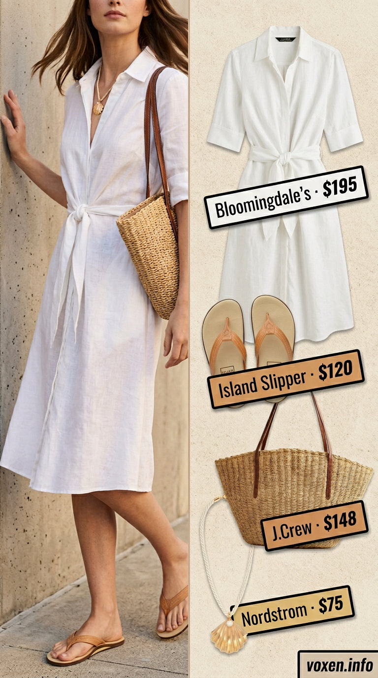 Summer old money outfit for women 2026: White linen shirt dress with tan sandals for beach resort wear.