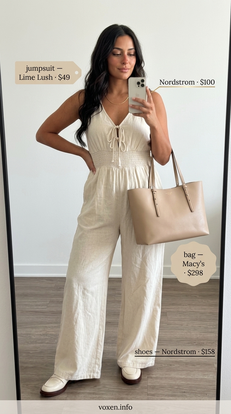 Summer old money outfit for women 2026: Cream linen jumpsuit, beige loafers, gold necklace. Elegant and effortless.