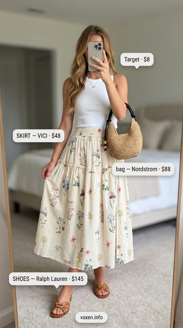 Summer old money outfit for women 2026: Floral maxi skirt & white tank. Feminine for garden parties.