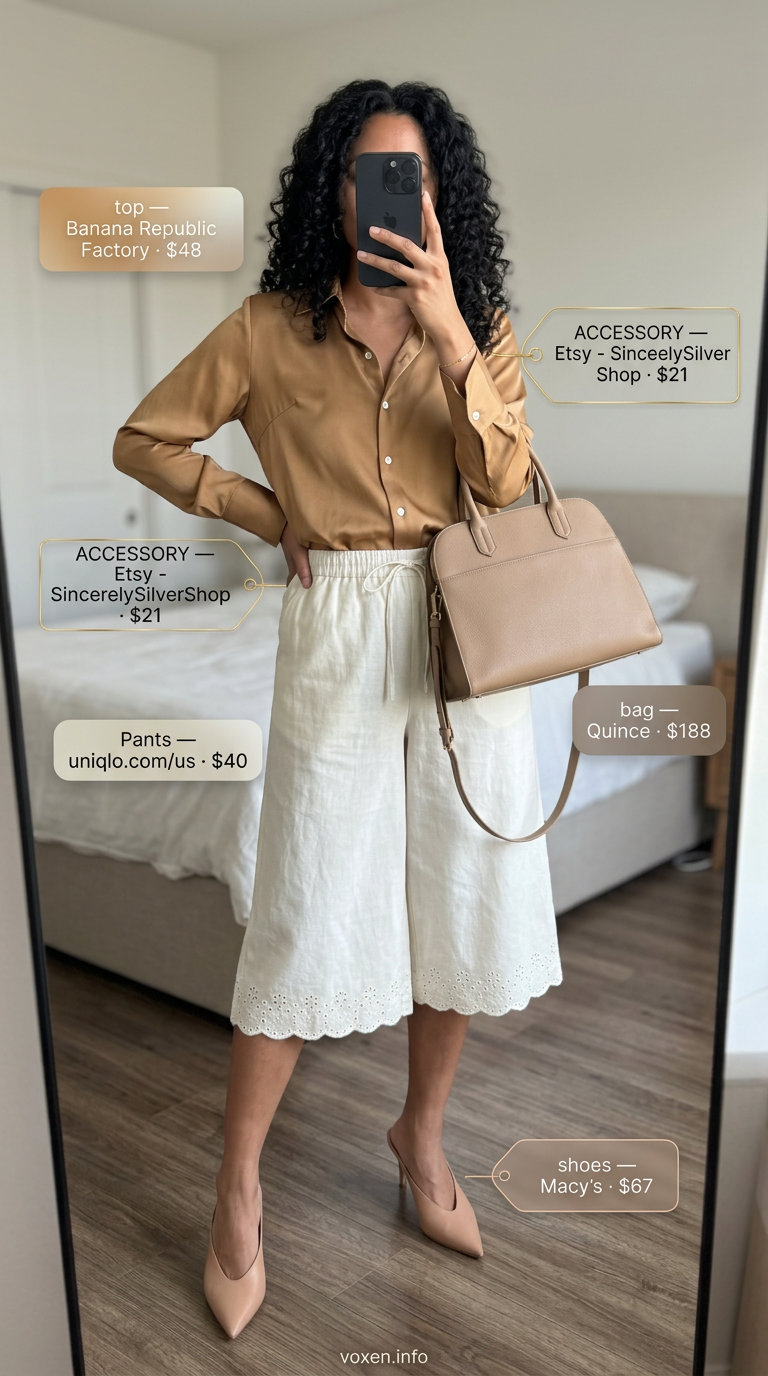 Summer old money outfit for women 2026: Ivory culottes & camel silk blouse with gold jewelry. Sophisticated for luncheon.