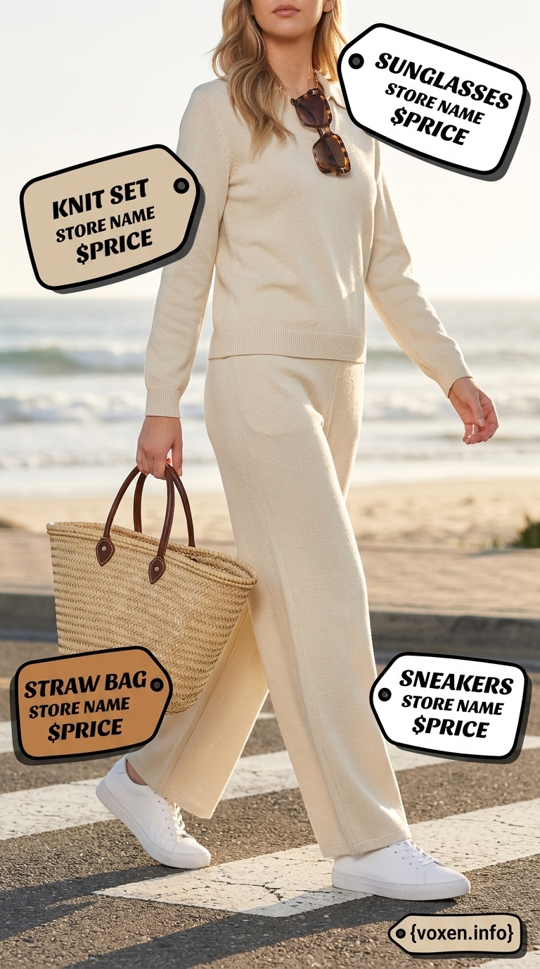 Summer old money outfit for women 2026: Beige knit set. Comfortable & chic for travel.