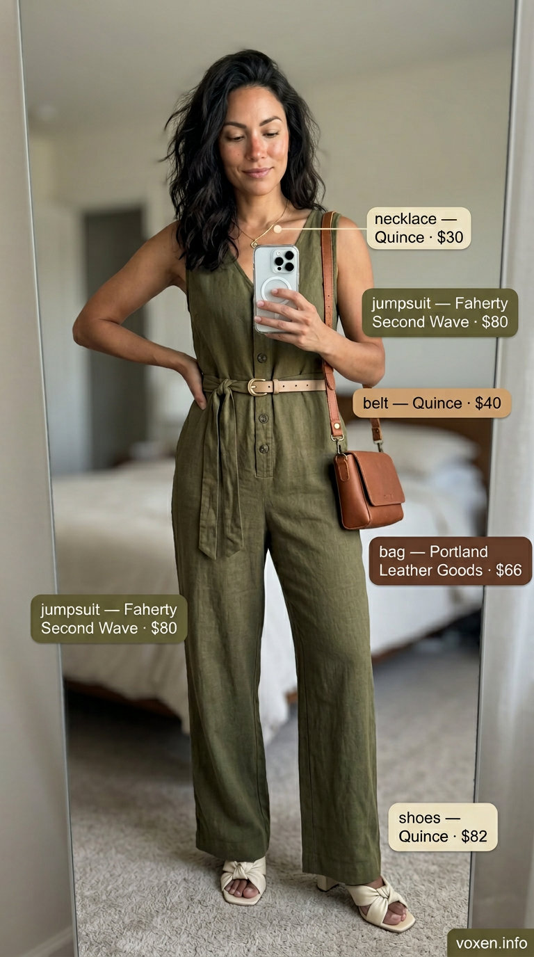 Summer old money outfit for women 2026: Olive green linen jumpsuit. Effortless for day to night.