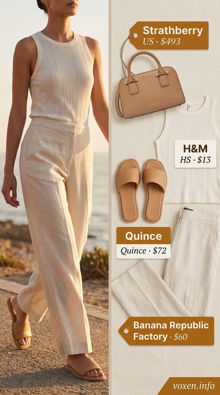 Summer old money outfit for women 2026: Cream knit tank & beige linen pants. Relaxed for coastal vacations.