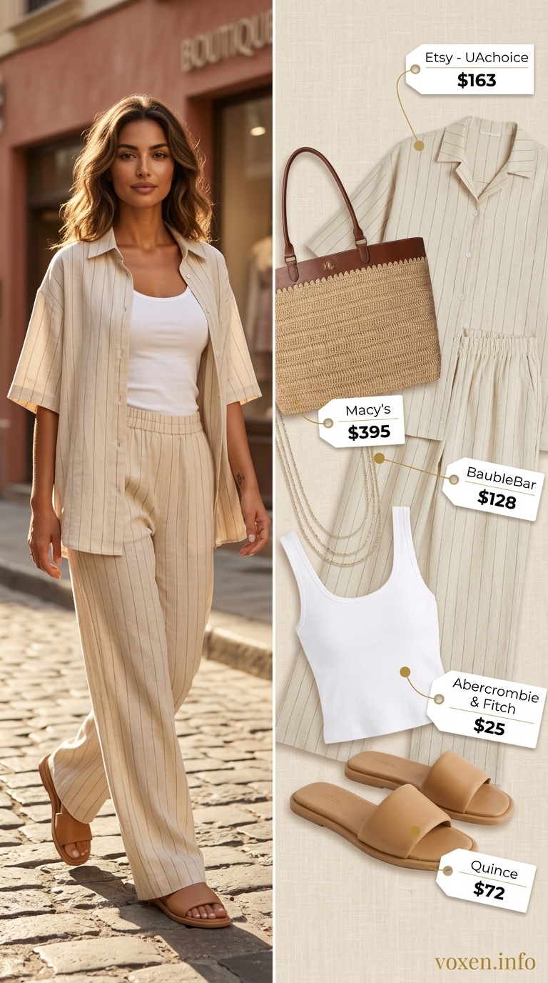 Summer old money outfit for women 2026: Cream linen set with gold jewelry, perfect for vacation or resort wear.