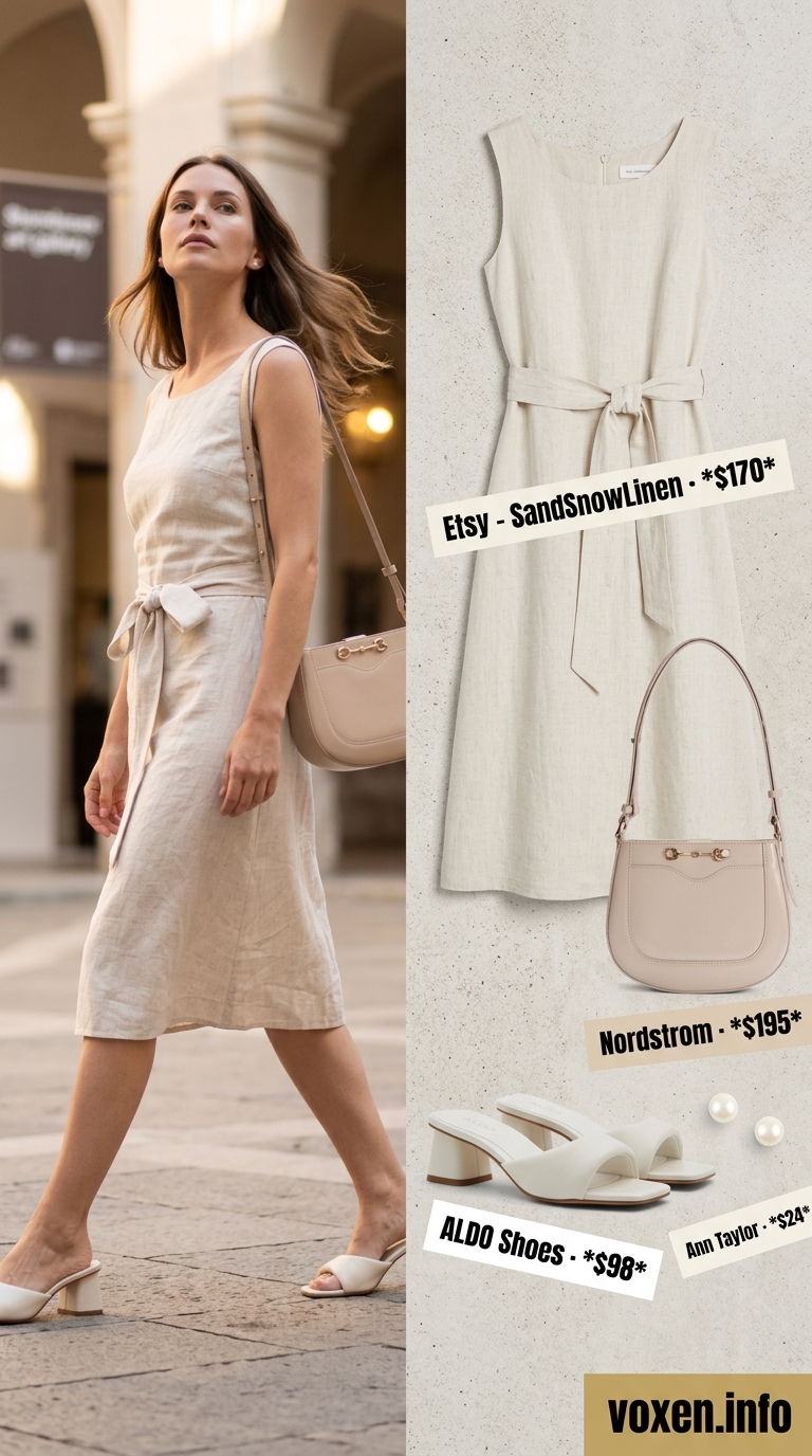 Summer old money outfit for women 2026: Ivory linen shirt dress with block heels for elegant daytime events.