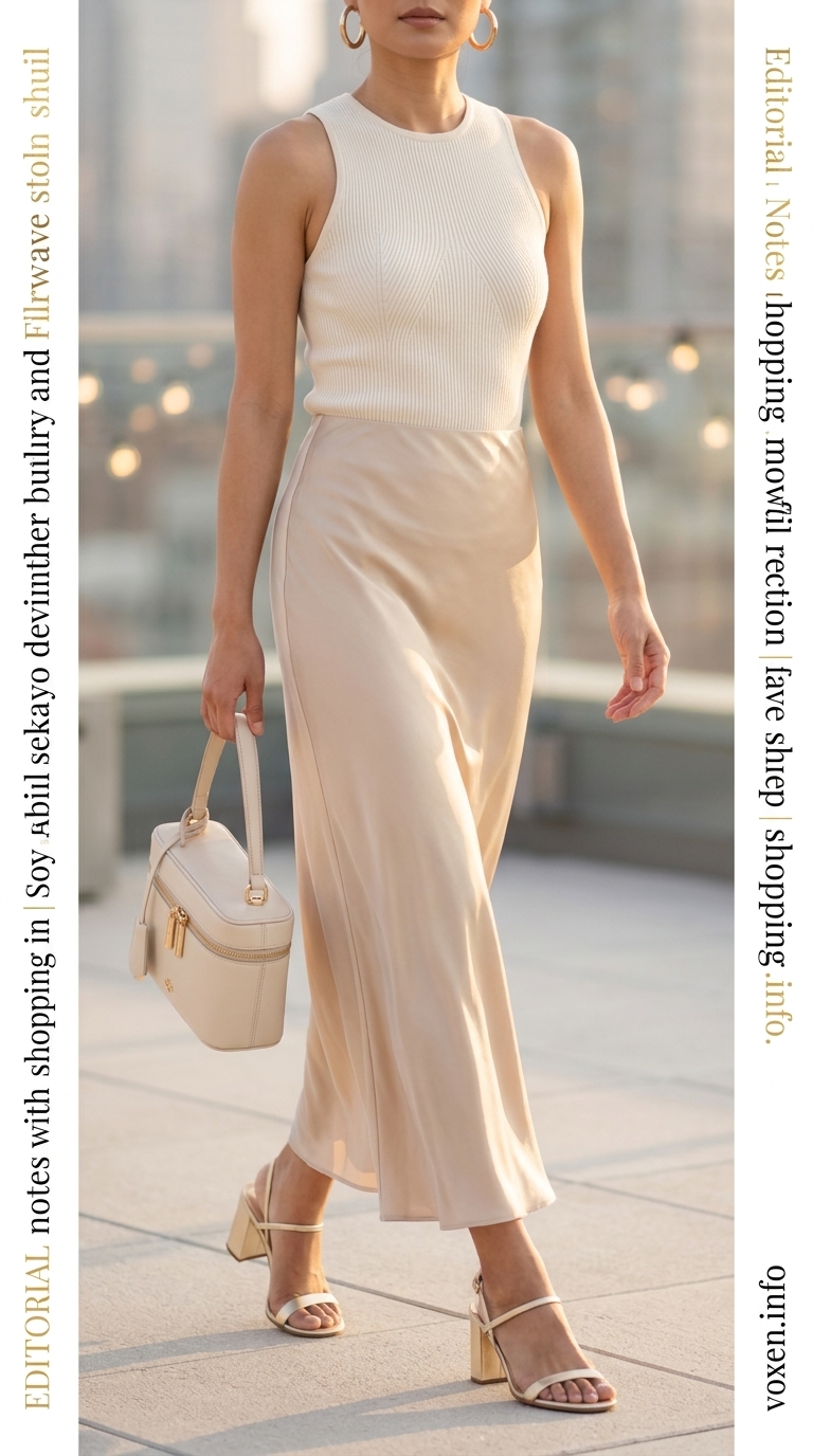 Summer old money outfit for women 2026: Cream maxi skirt & white knit top. Elegant for evening occasions.