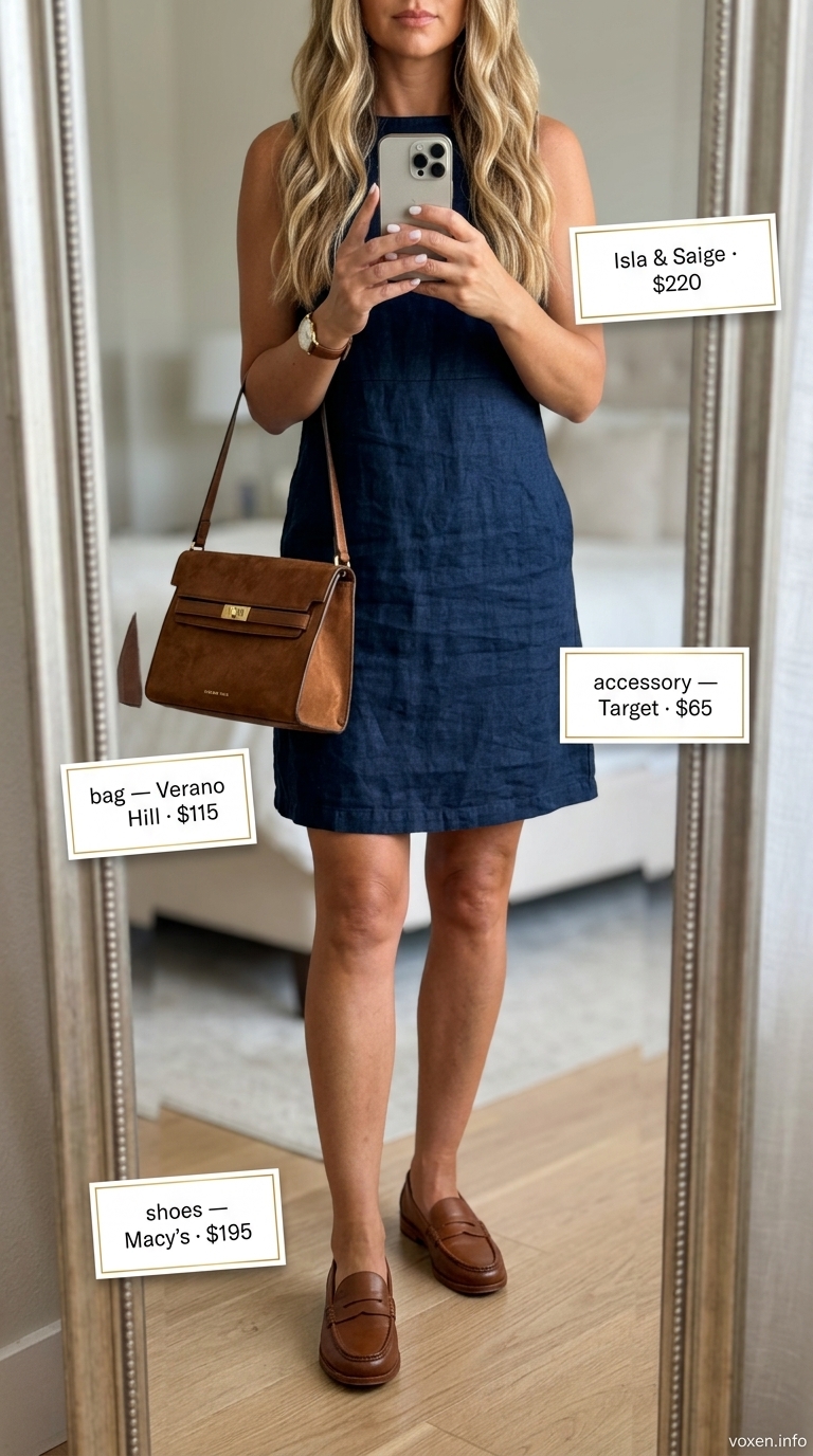 Summer old money outfit for women 2026: Navy linen shift dress, tan loafers, structured leather bag. Classic and polished.