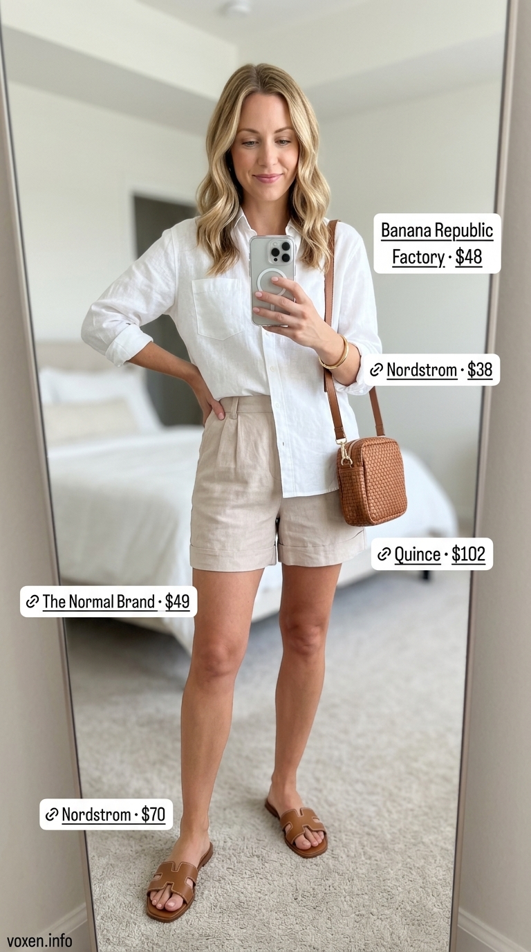 Summer old money outfit for women 2026: Beige tailored shorts with white linen shirt for smart casual.