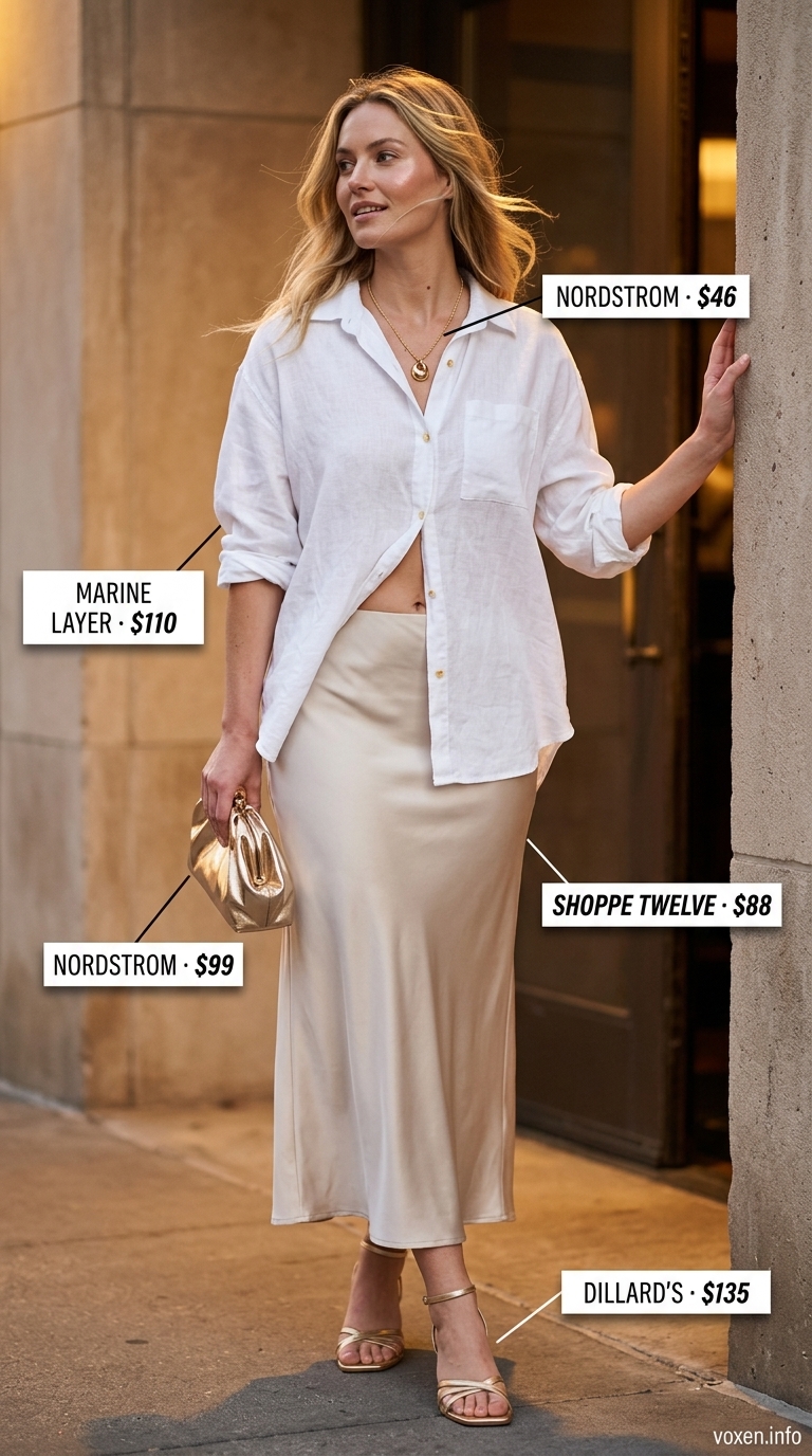Summer old money outfit for women 2026: Champagne silk skirt & oversized white linen shirt. Chic for evening drinks.