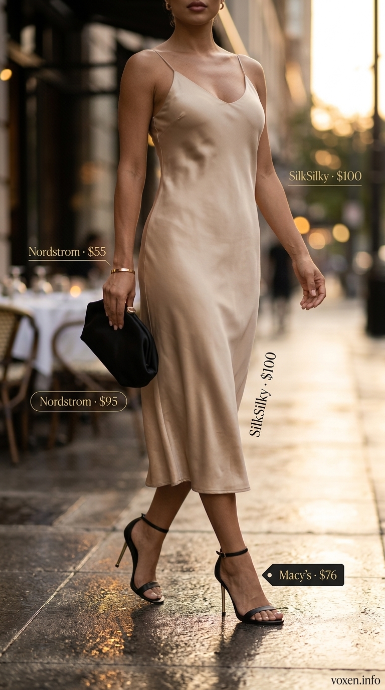 Summer old money outfit for women 2026: Champagne silk slip dress. Sophisticated for dinner parties.