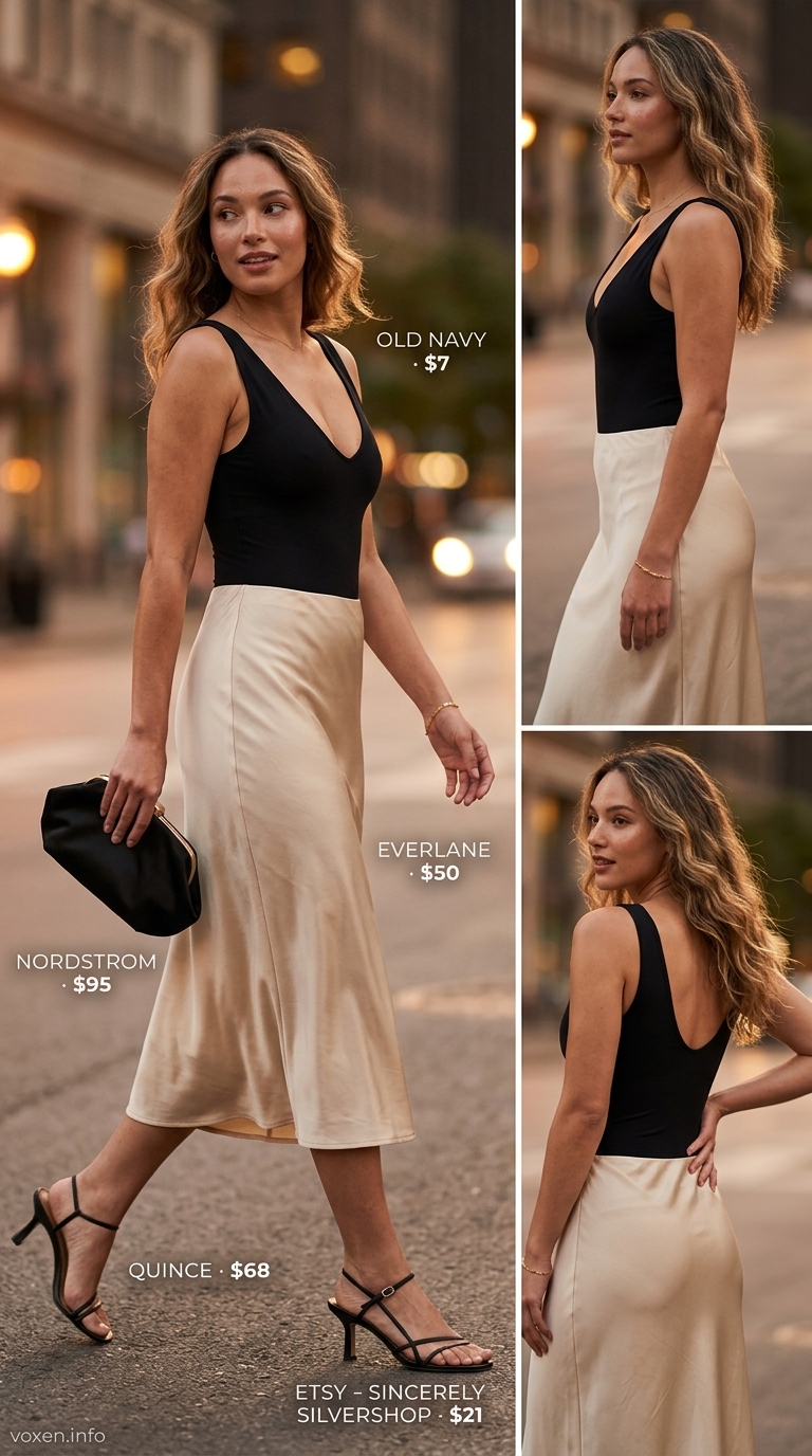 Summer old money outfit for women 2026: Champagne silk slip skirt with black bodysuit and heels for evening.