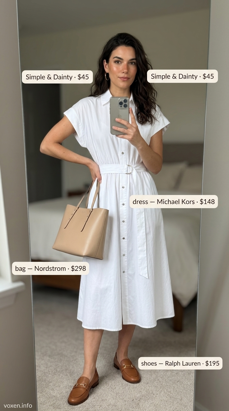 Summer old money outfit for women 2026: White cotton shirt dress, beige loafers, gold hoops. Classic and minimalist.