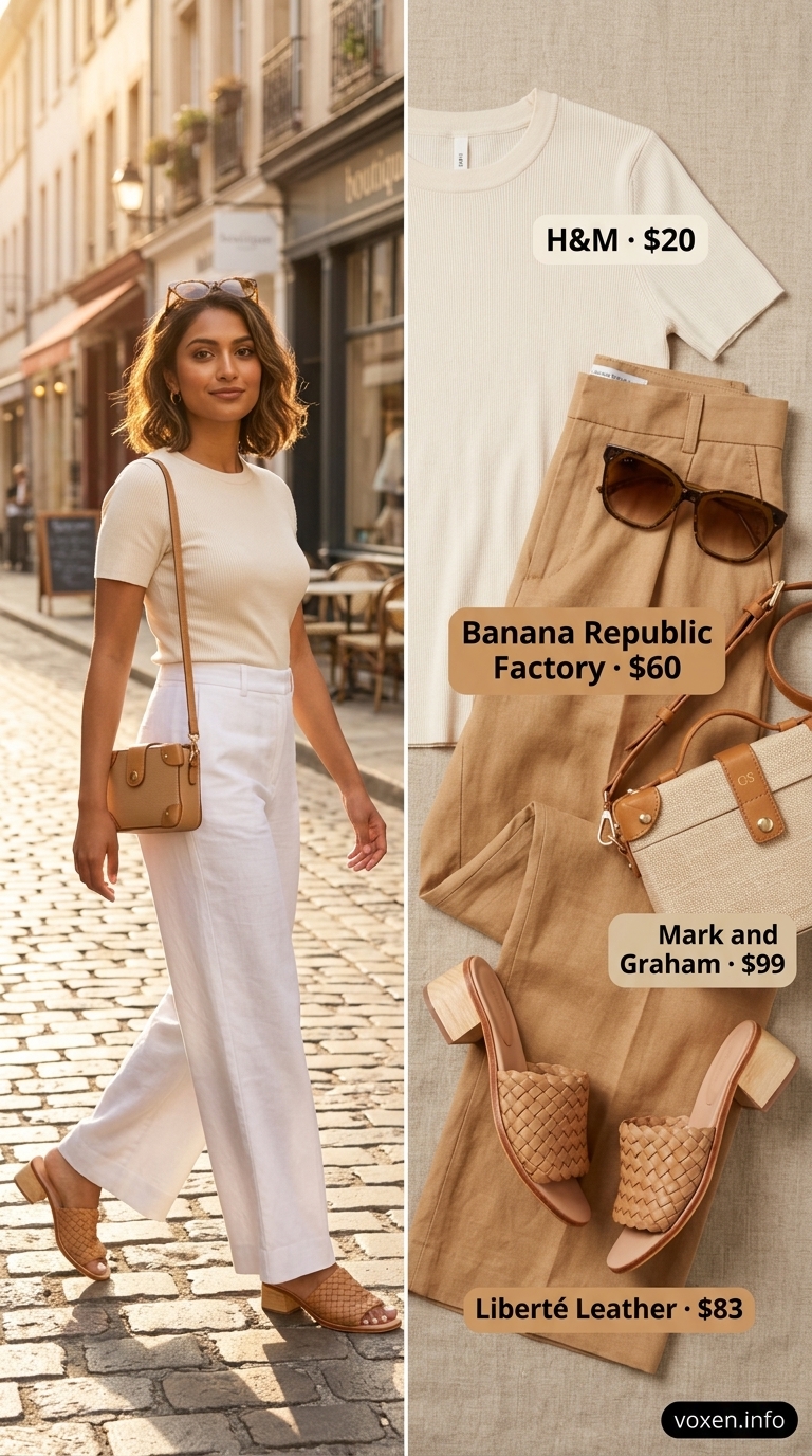 Summer old money outfit for women 2026: White wide-leg linen trousers, cream knit top, tan mules. Riviera chic.