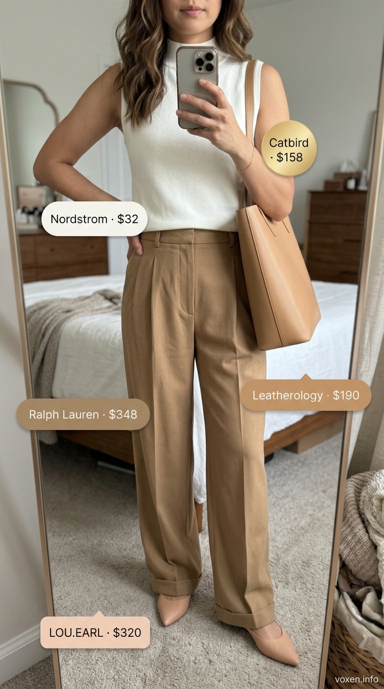 Summer old money outfit for women 2026: Camel wide-leg trousers & ivory knit top. Elegant for dinner events.