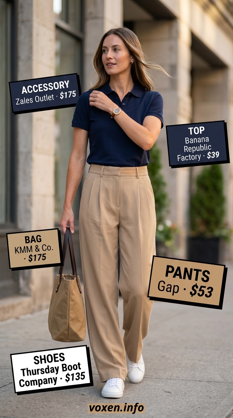 Summer old money outfit for women 2026: Khaki wide-leg trousers and navy knit polo for smart casual.