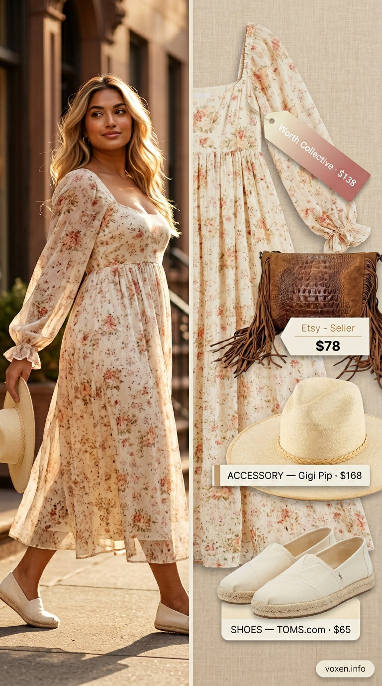 Bohemian floral maxi dress with straw hat, espadrille sneakers, and suede crossbody for summer outfits with sneakers for women 2026.