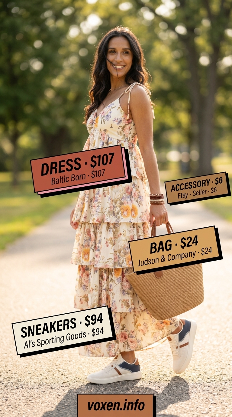 Bohemian maxi dress with muted floral print, tan tote, and white sneakers for summer outfits with sneakers for women 2026.