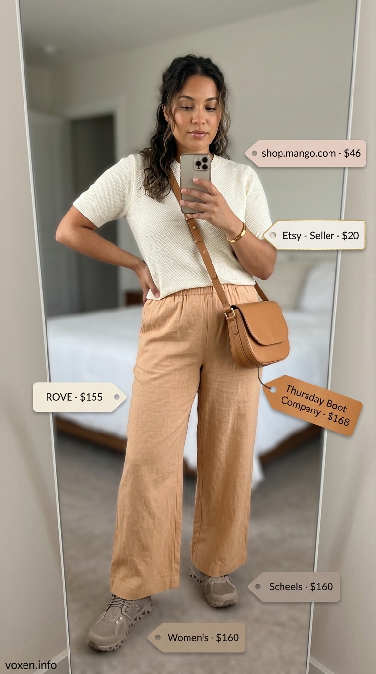 Chic camel linen trousers outfit with cream top and sneakers for women 2026.