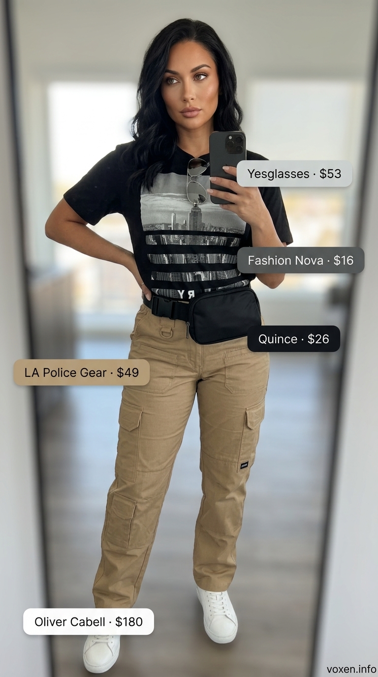 Khaki cargo pants, graphic tee, and white sneakers for summer outfits with sneakers for women 2026. Casual day out style.