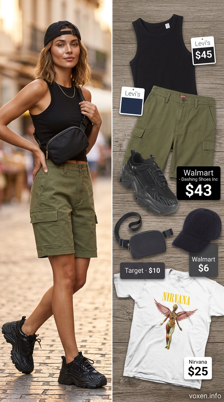 Olive cargo shorts, graphic tee, and chunky sneakers for summer outfits with sneakers for women 2026. Urban style.