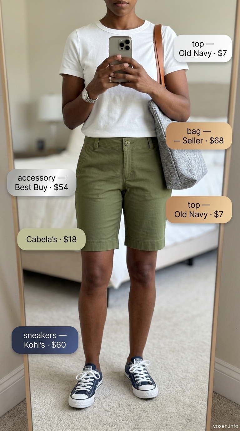 Casual olive green Bermuda shorts, white tee, canvas tote, and sneakers for summer outfits with sneakers for women 2026.