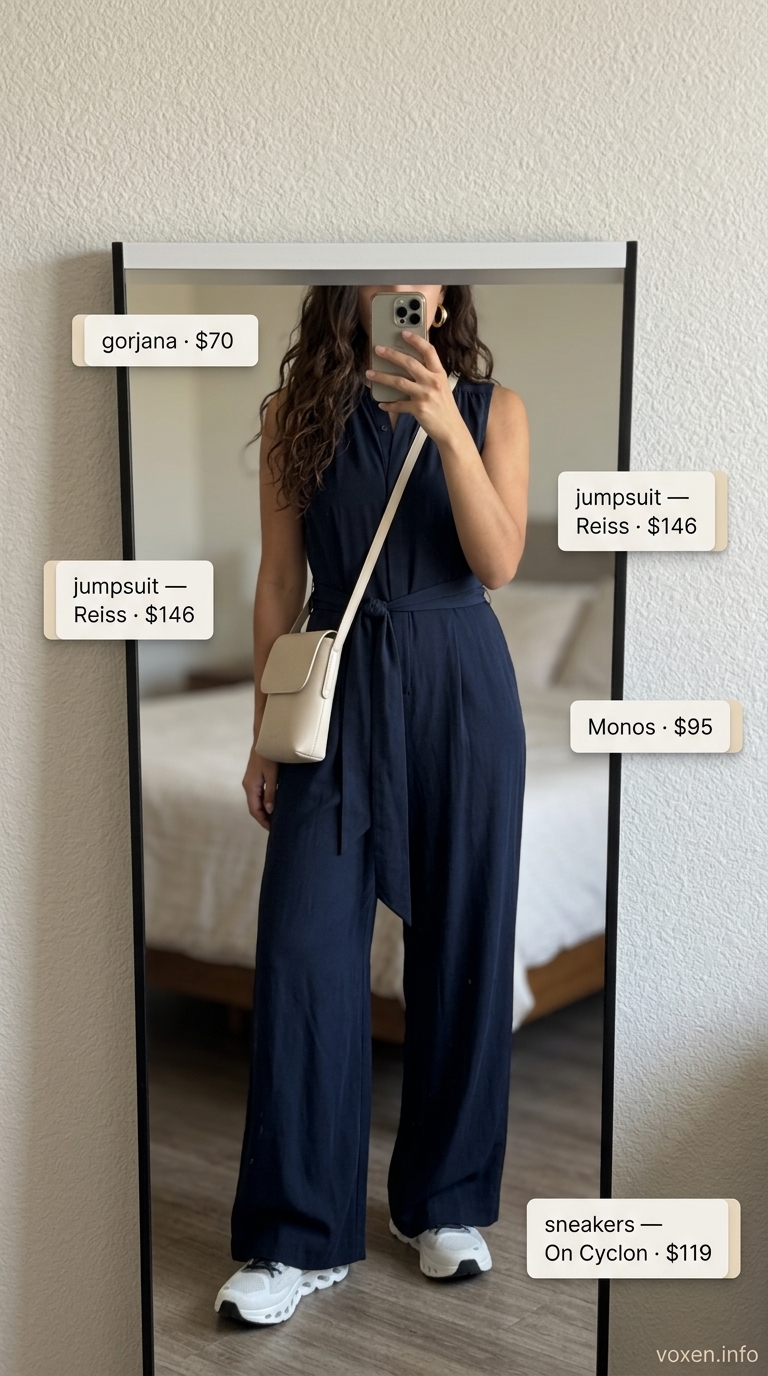 Chic navy wide-leg jumpsuit with cream crossbody and gold hoops, paired with sneakers for summer outfits with sneakers for women 2026.