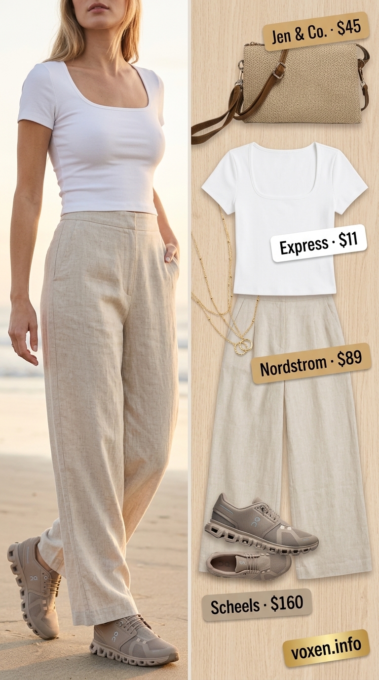 Coastal linen set with white crop top, beige pants, and sneakers for women 2026.