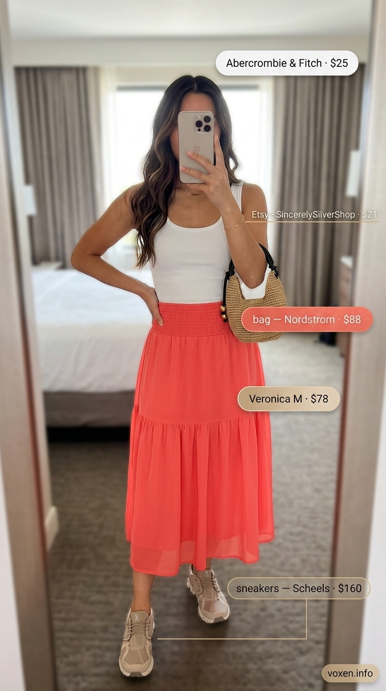 Coral midi skirt outfit with white tank and sneakers for women 2026. Perfect for casual date night.