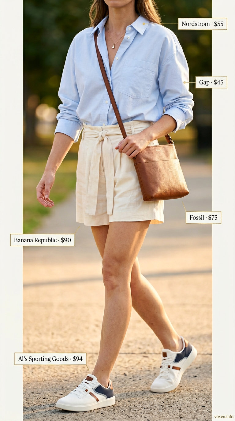 Chic cream linen shorts outfit with blue shirt and sneakers for women 2026.