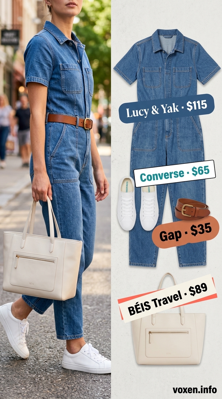 Denim jumpsuit outfit with white sneakers and canvas tote for women 2026.