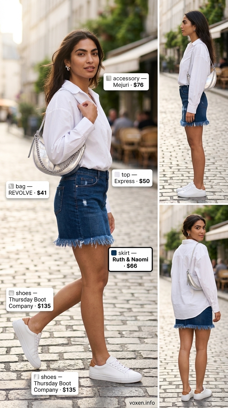 Denim midi skirt, white shirt, and sneakers for summer outfits with sneakers for women 2026. Chic brunch look.