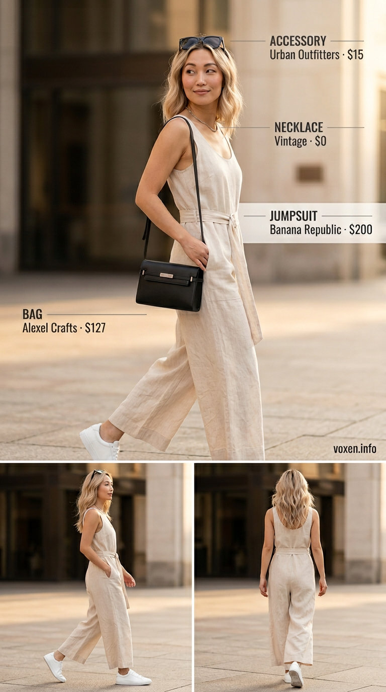 Beige jumpsuit and sneakers for summer outfits with sneakers for women 2026. Sophisticated casual style.