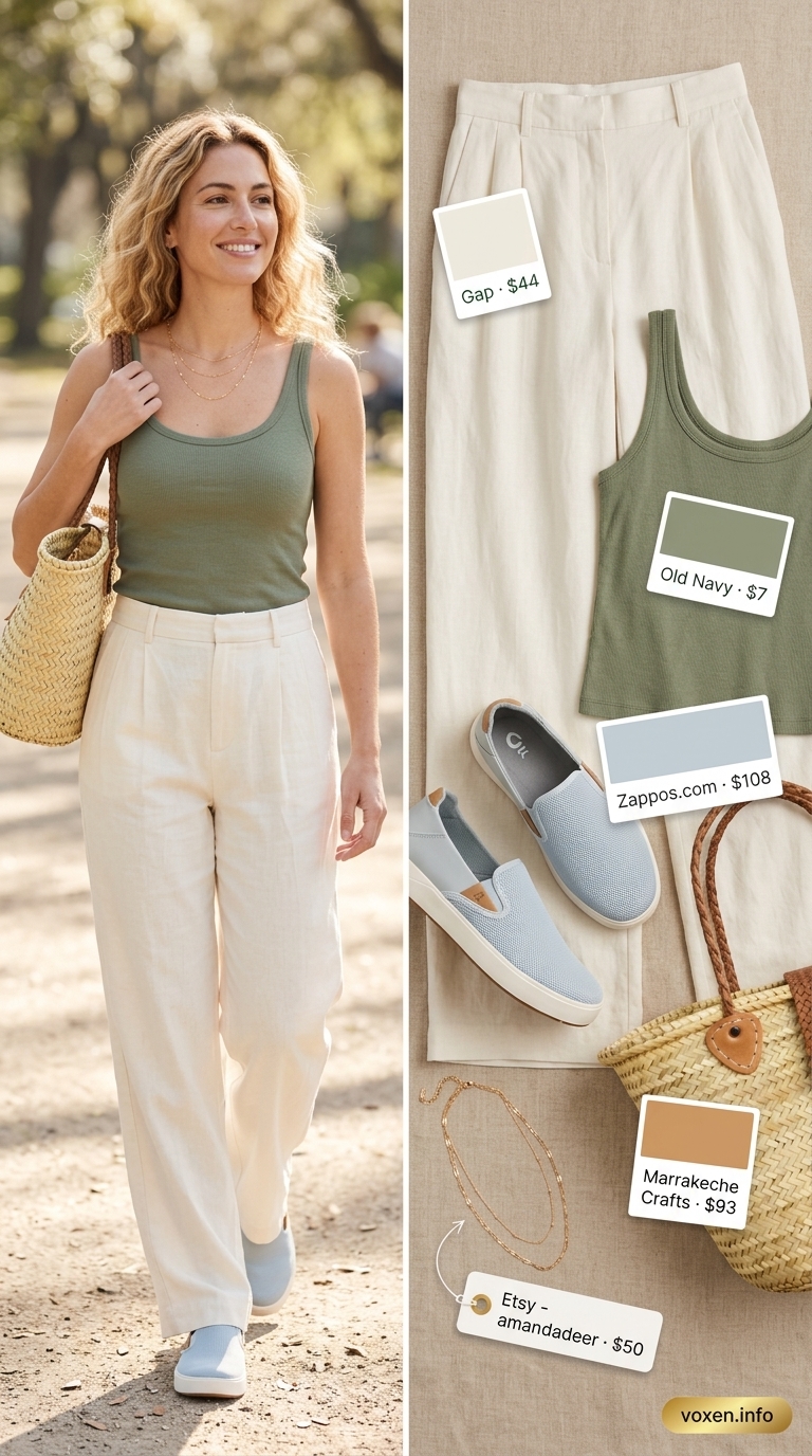 Cream linen pants, sage tank, and sneakers for summer outfits with sneakers for women 2026. Relaxed beach style.