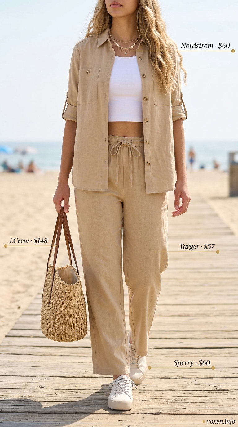 Linen matching set with sneakers for summer outfits with sneakers for women 2026. Relaxed vacation style.