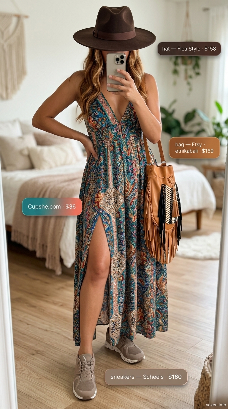 Boho maxi dress with sneakers for summer outfits with sneakers for women 2026. Festival ready style.