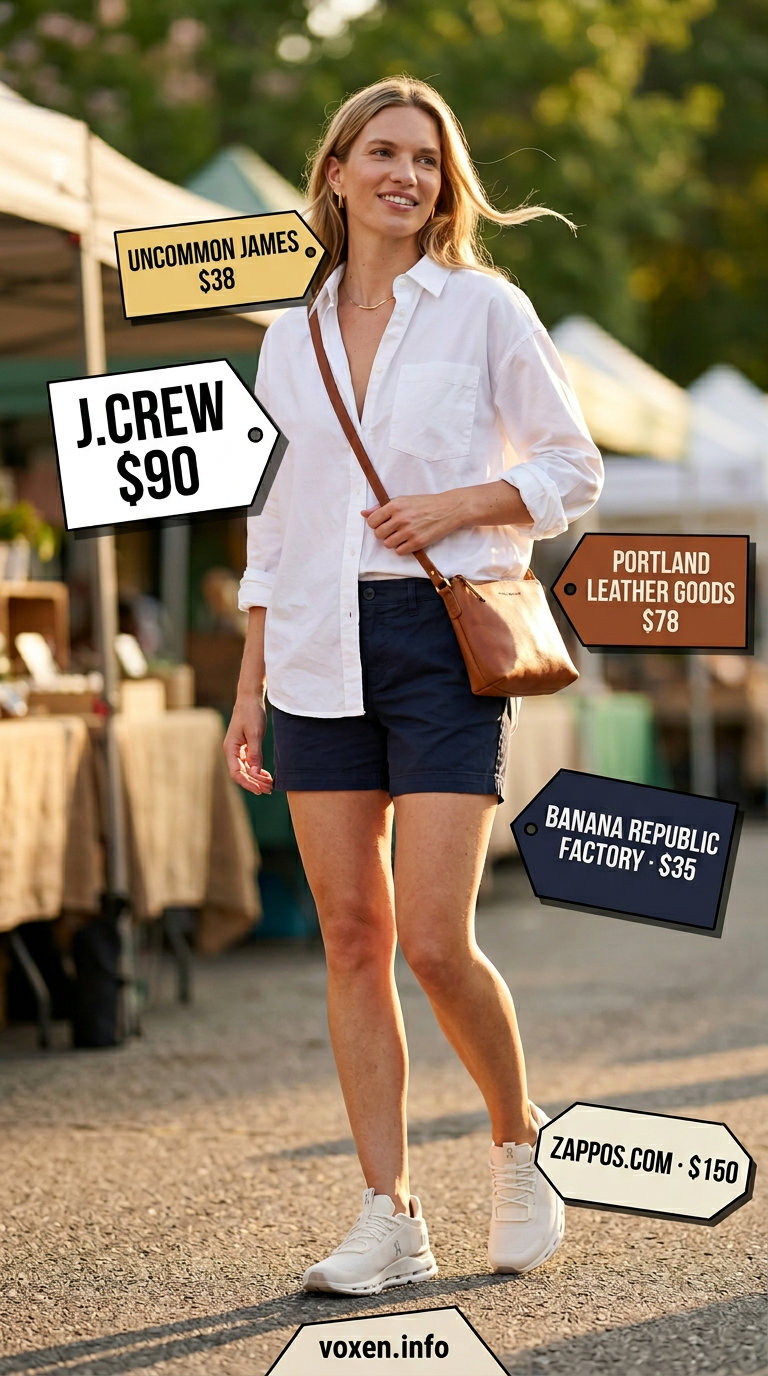 Preppy picnic outfit with white shirt, navy shorts, and sneakers for women 2026.