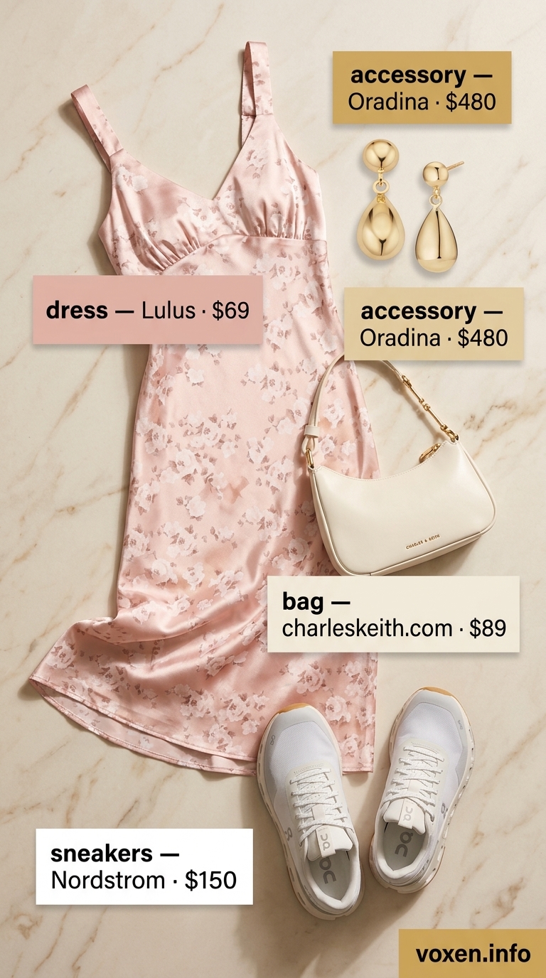 Romantic blush pink floral midi slip dress with gold earrings, cream bag, and sneakers for summer outfits with sneakers for women 2026.
