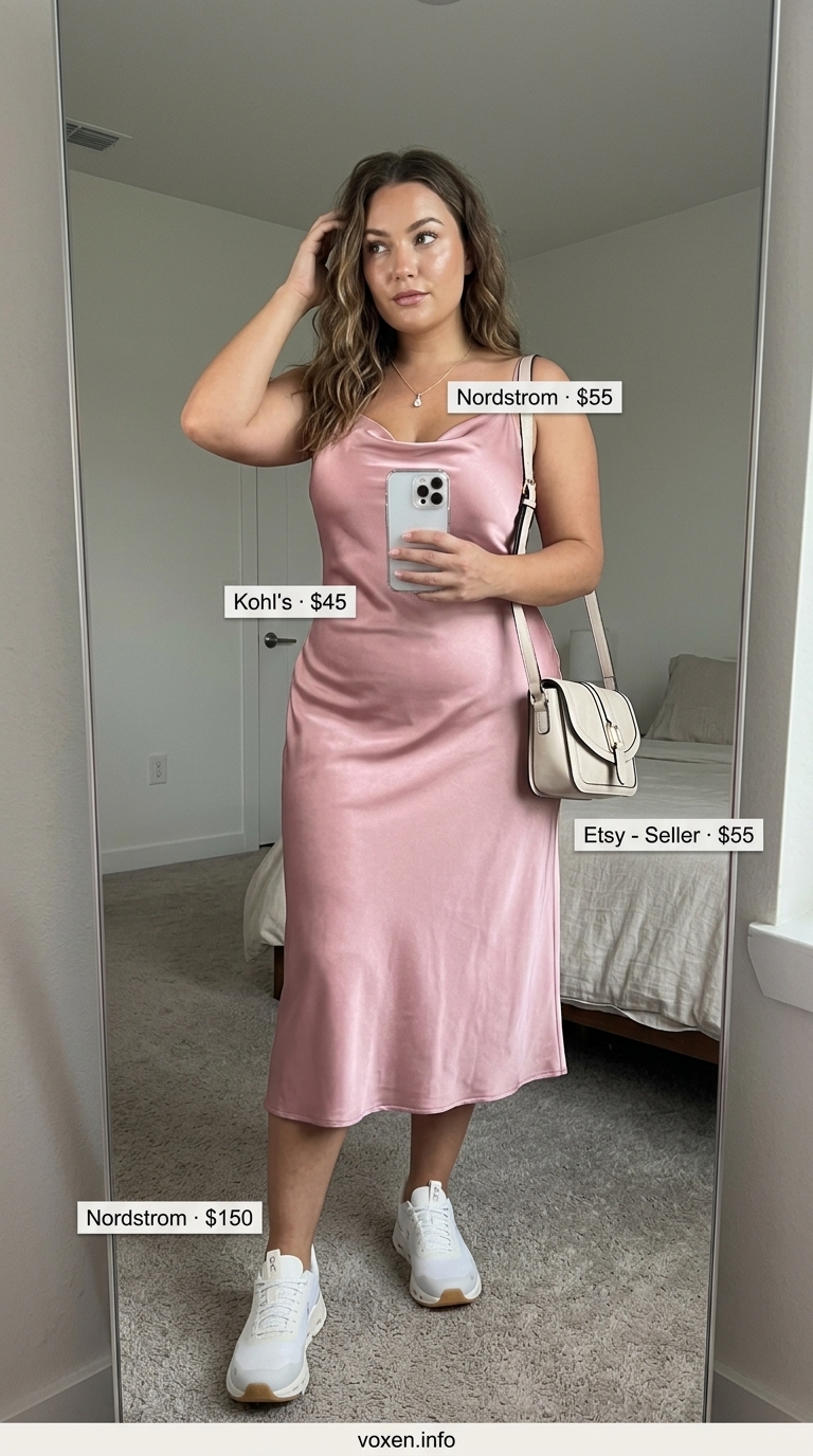 Blush pink slip dress with sneakers for summer outfits with sneakers for women 2026. Elegant evening style.