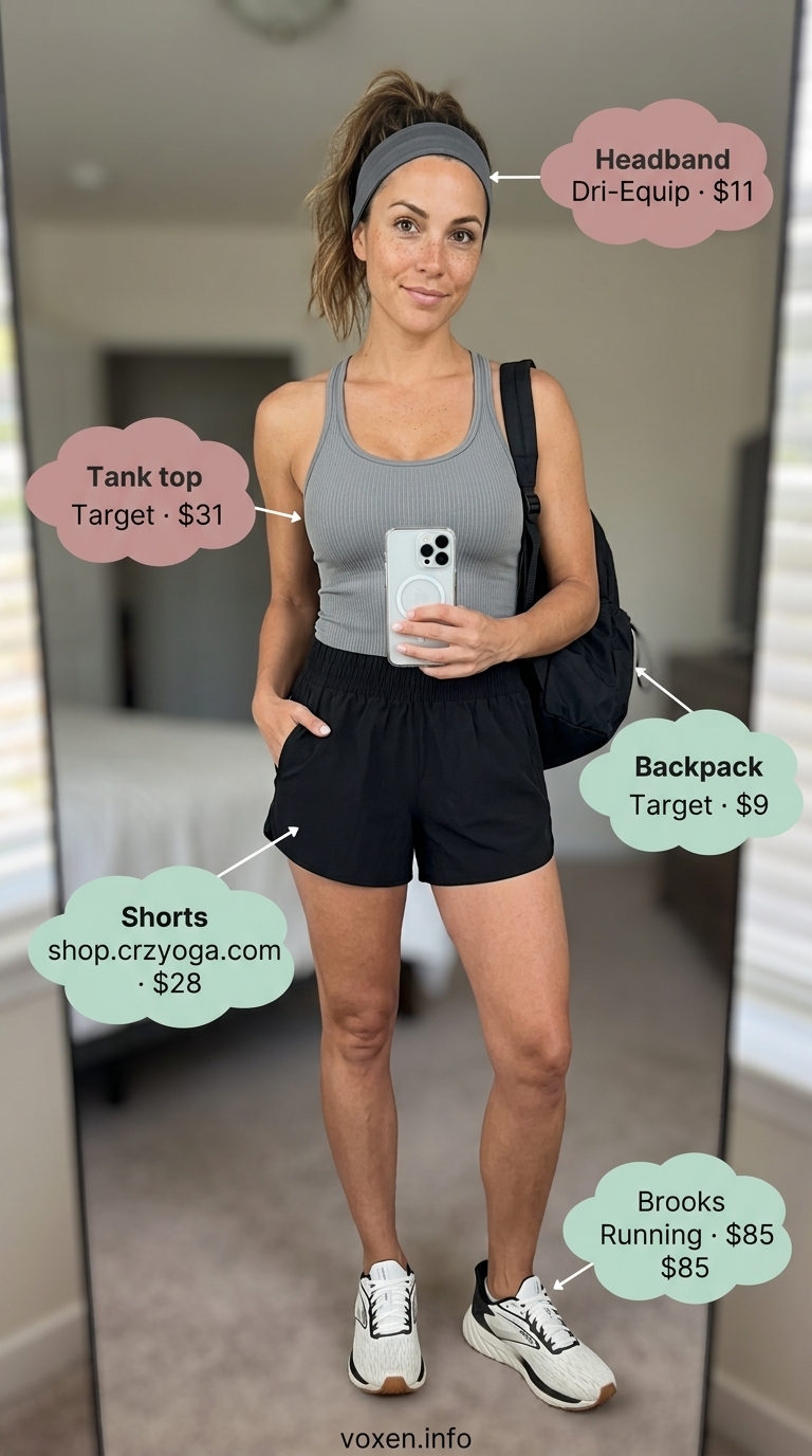 Sporty black shorts and grey tank outfit with running sneakers for women 2026.