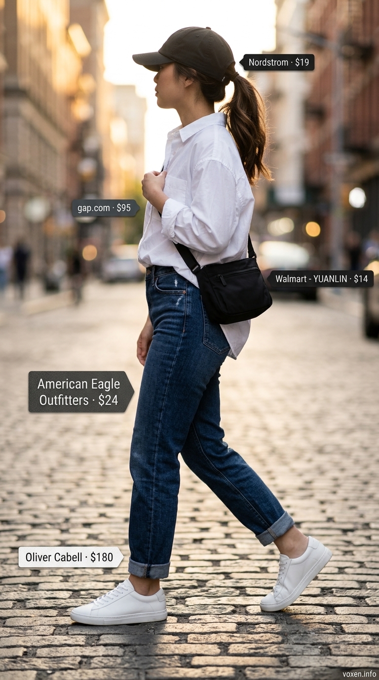 Dark wash jeans, white shirt, and sneakers for summer outfits with sneakers for women 2026. Casual cool style.