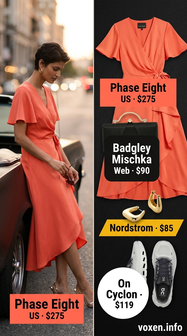 Sunset orange midi wrap dress with sneakers and gold earrings for women 2026.