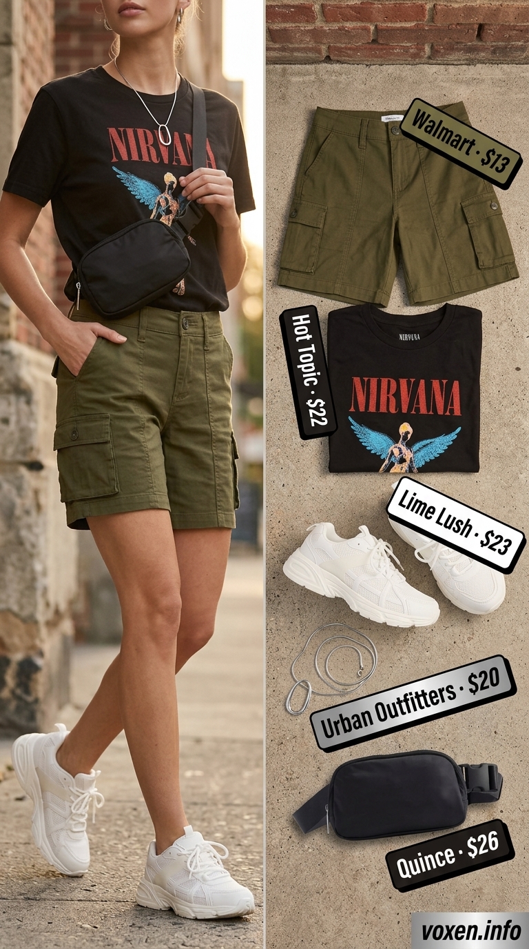 Urban explorer outfit with olive cargo shorts, graphic tee, belt bag, and chunky sneakers for summer outfits with sneakers for women 2026.