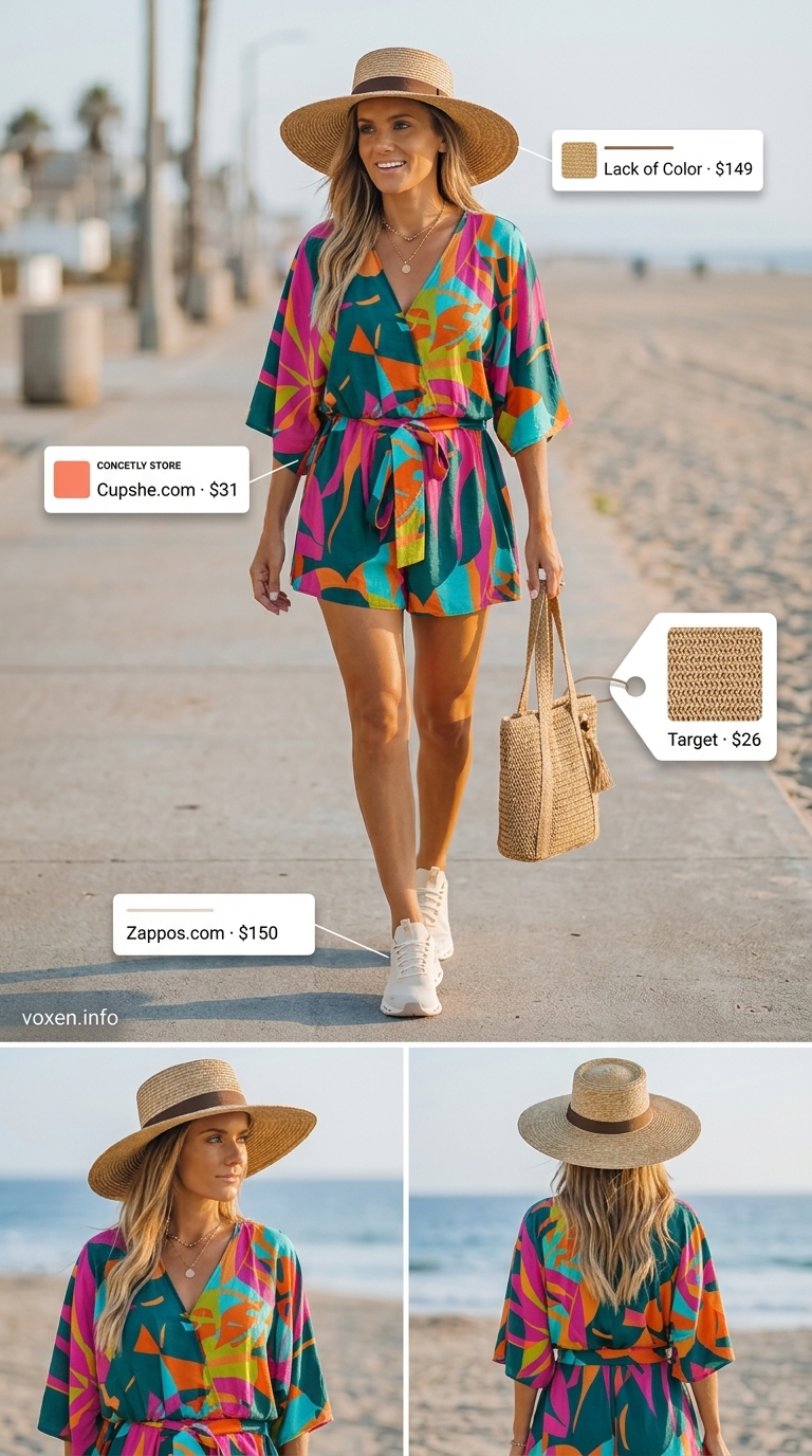 Vacation-ready coral print romper with straw hat, tote, and sneakers for summer outfits with sneakers for women 2026.