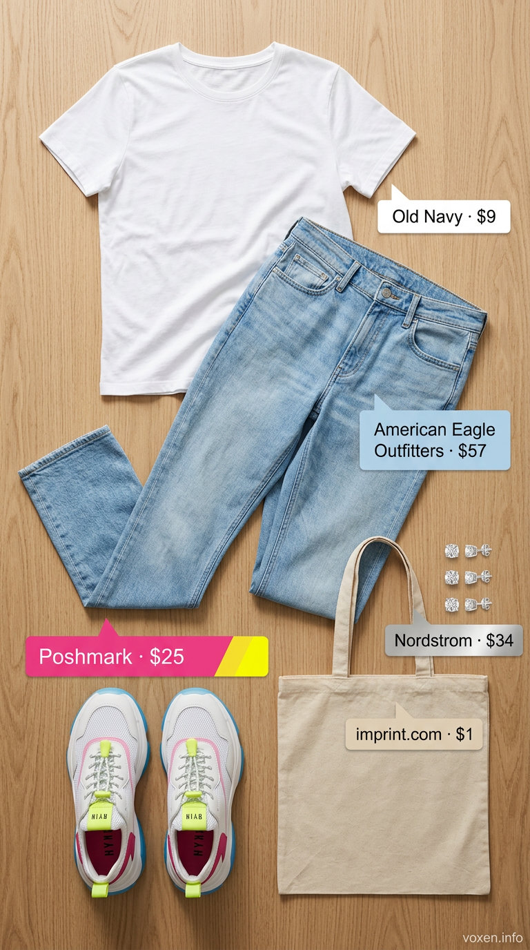 Casual weekend outfit with denim jeans, white tee, and colorful sneakers for women 2026.