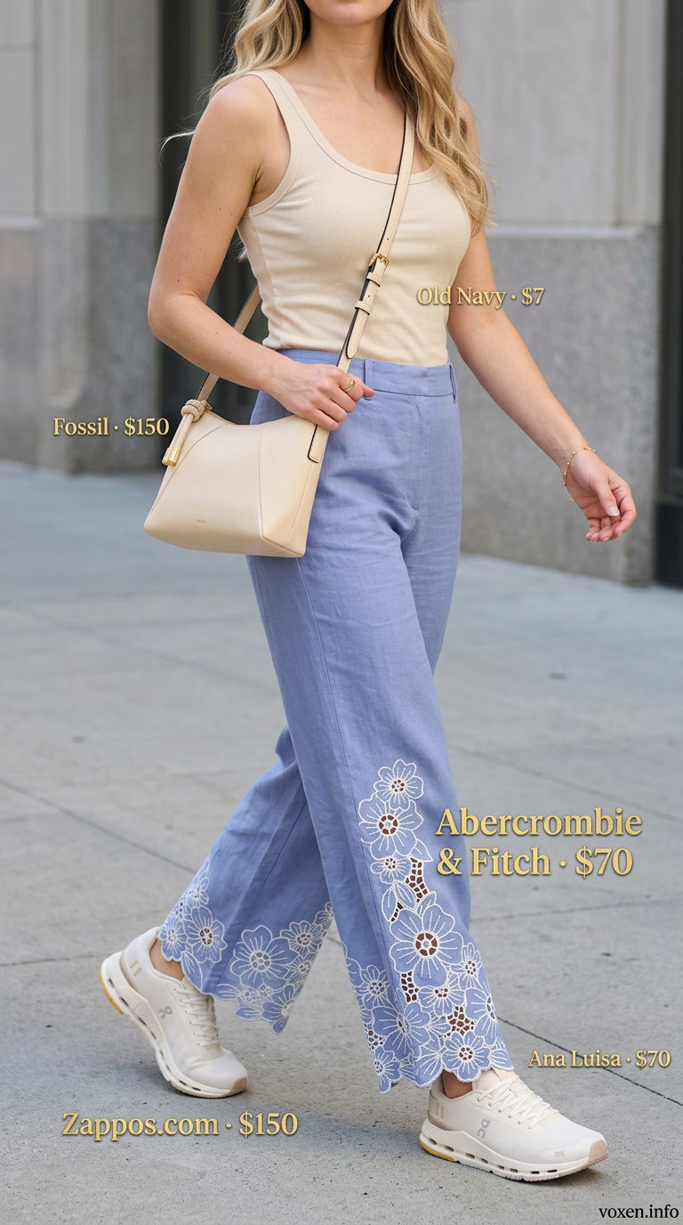 Effortless lavender wide-leg trousers with cream tank, leather crossbody, and sneakers for summer outfits with sneakers for women 2026.